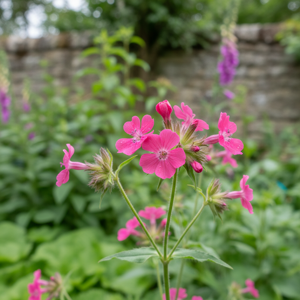 Red Campion in garden setting
