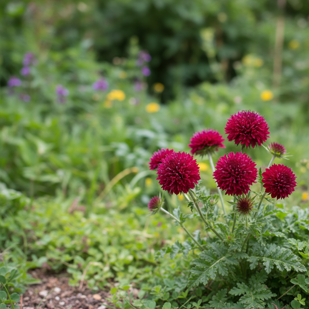 Macedonian Scabious in garden setting