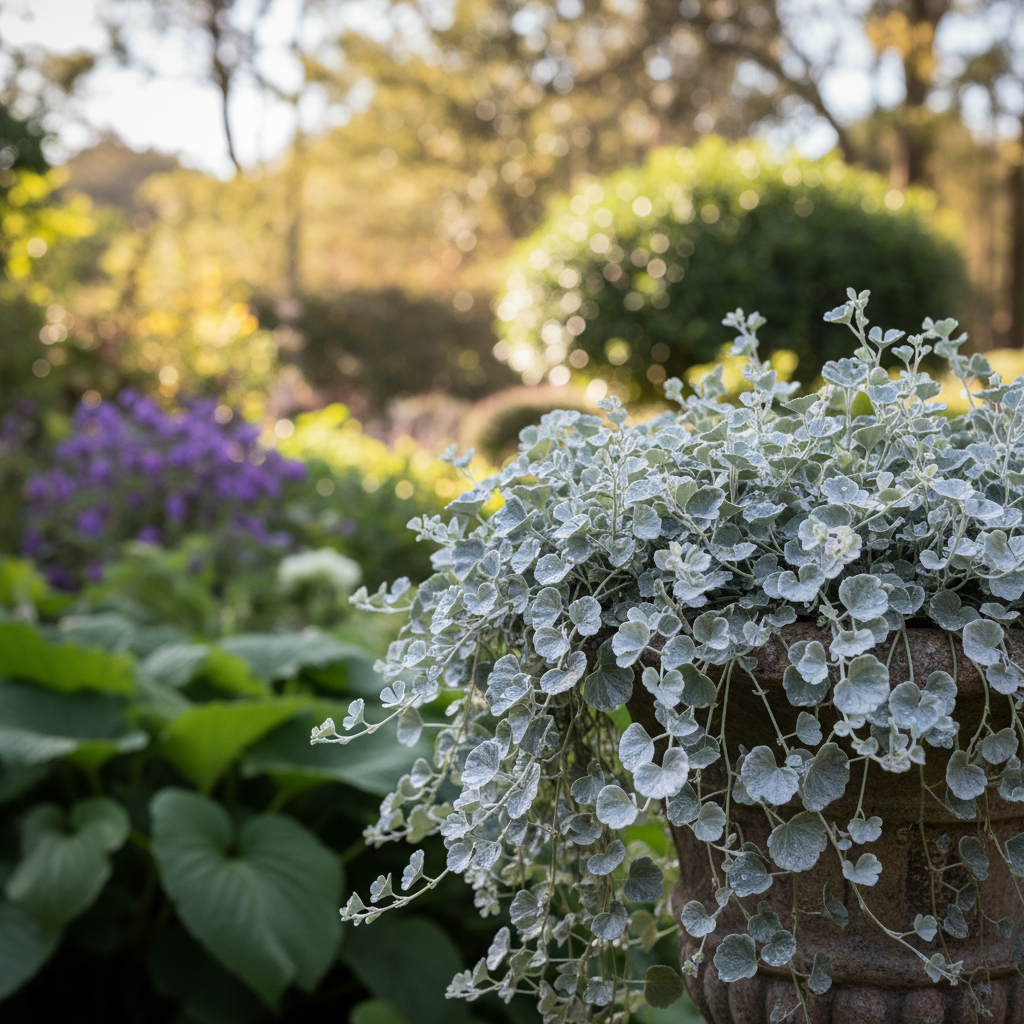 Silver Falls Dichondra in garden setting