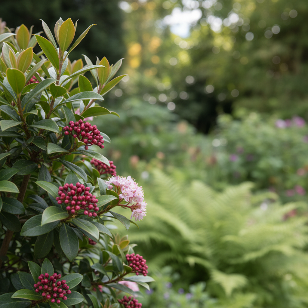 Japanese skimmia in garden setting