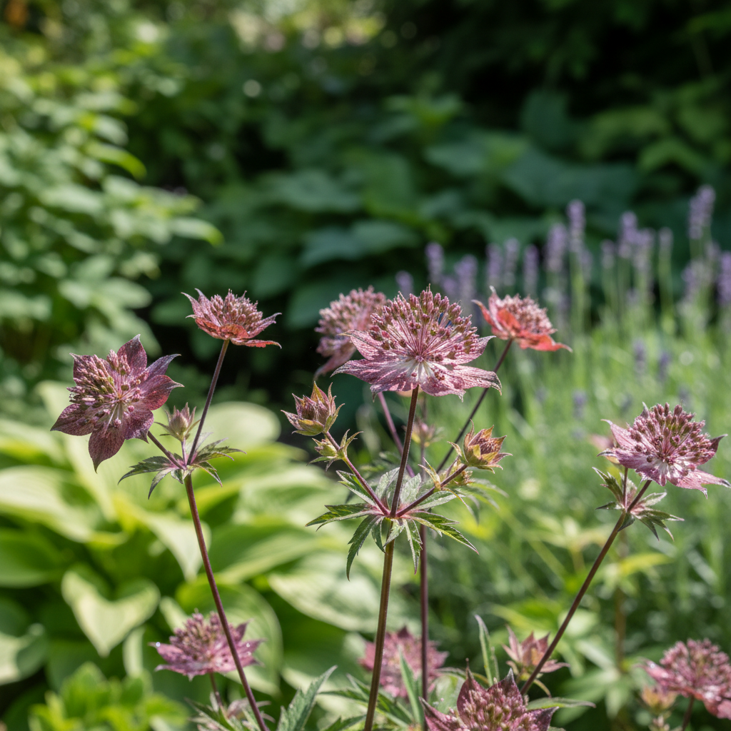 Astrantia Burgundy Manor in garden setting