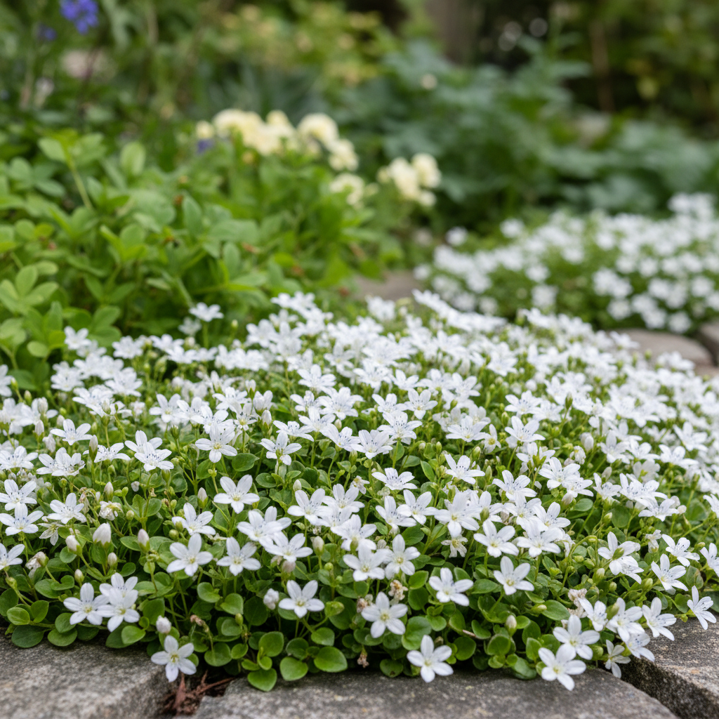 White Blue Star Creeper in garden setting