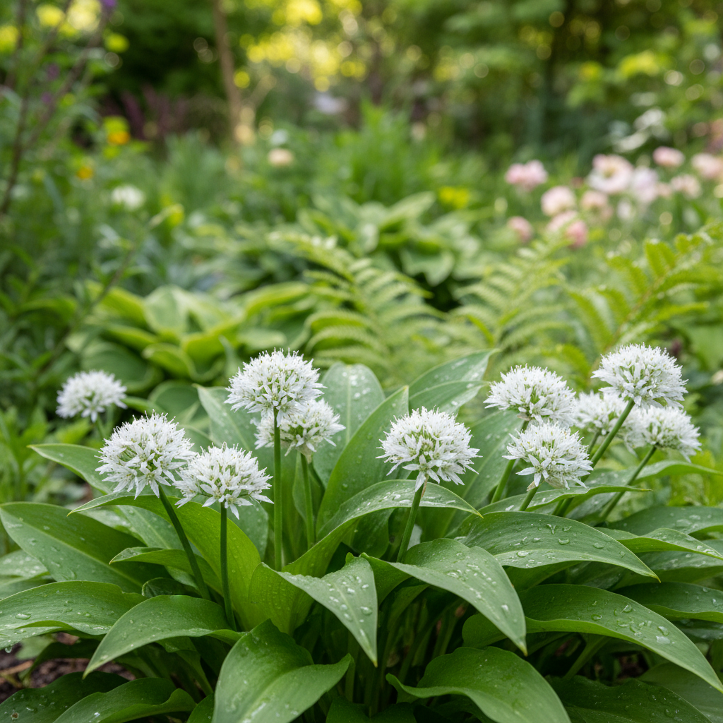 Wild garlic; Ramson in garden setting