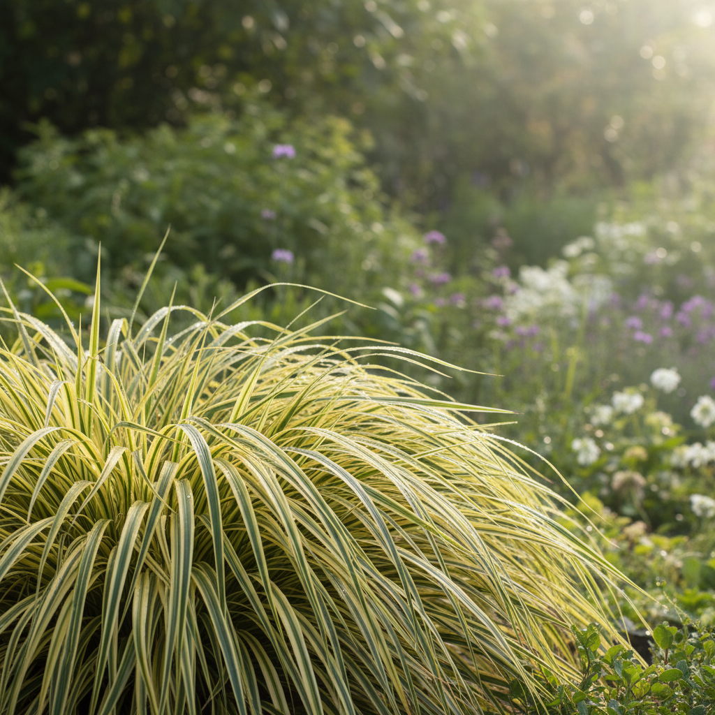 Evergold Sedge in garden setting