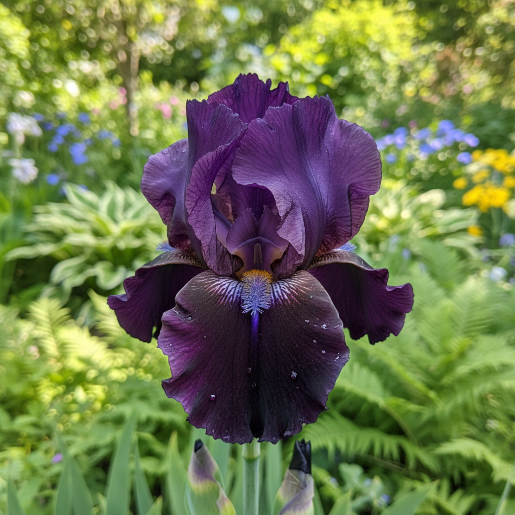 Bearded iris ‘Superstition’ in garden setting