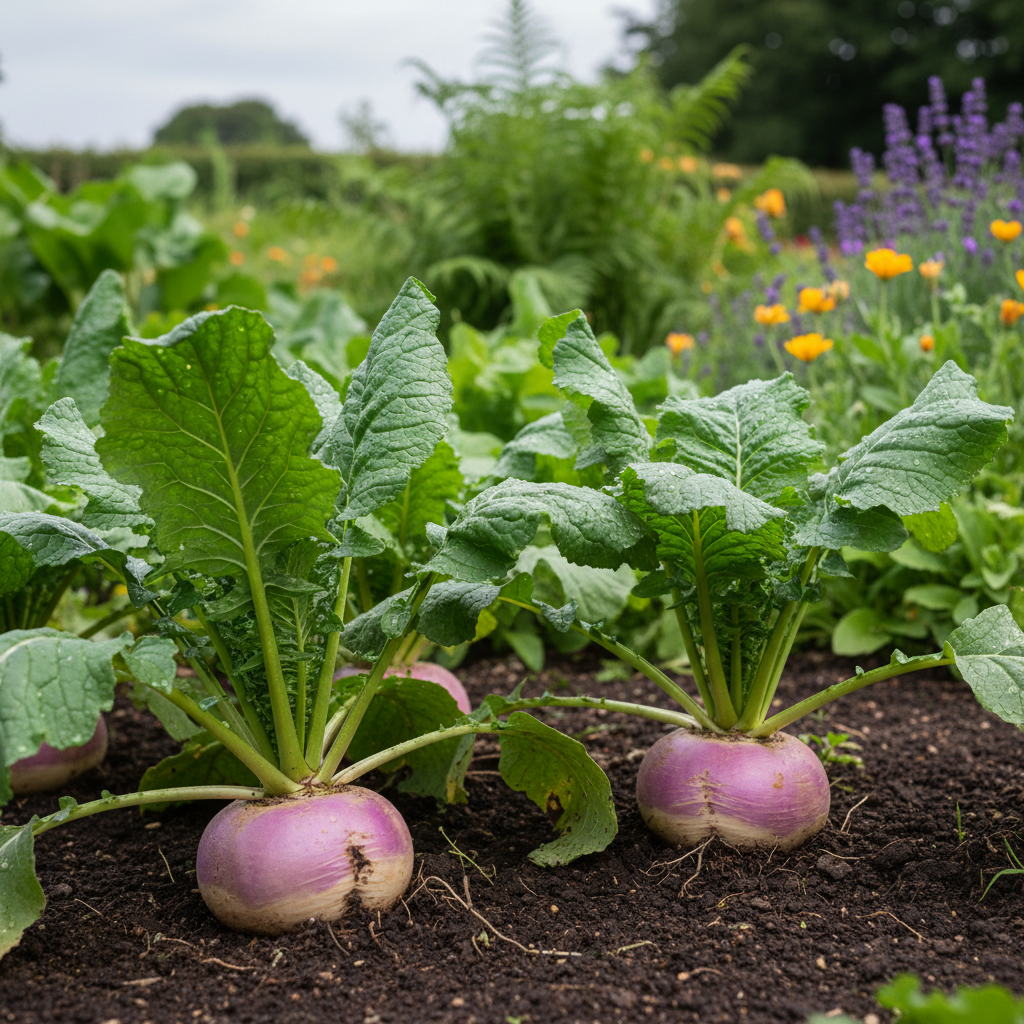 Turnip and Asian Greens in garden setting