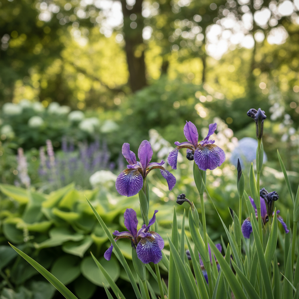 Siberian Iris in garden setting