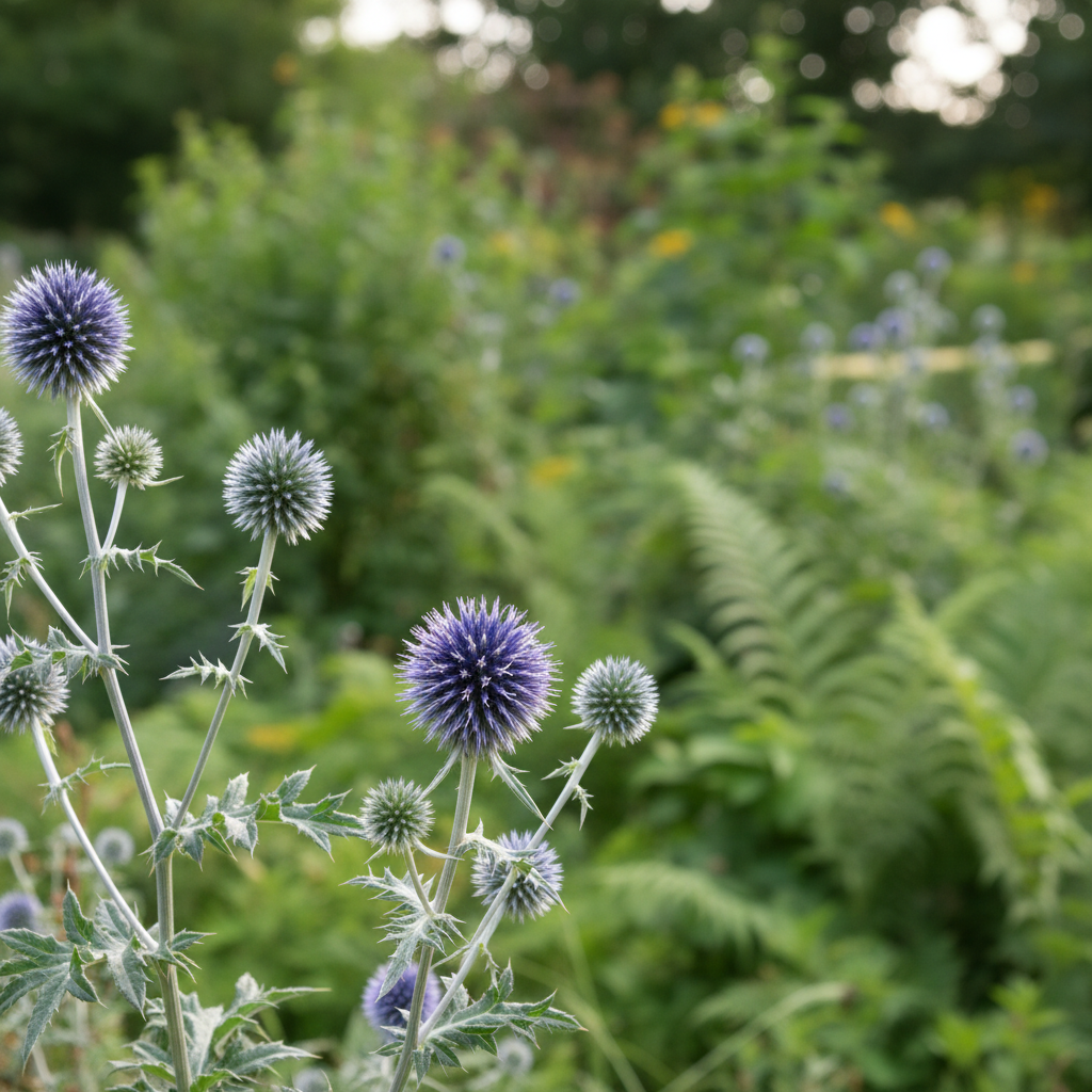 Globe thistle in garden setting