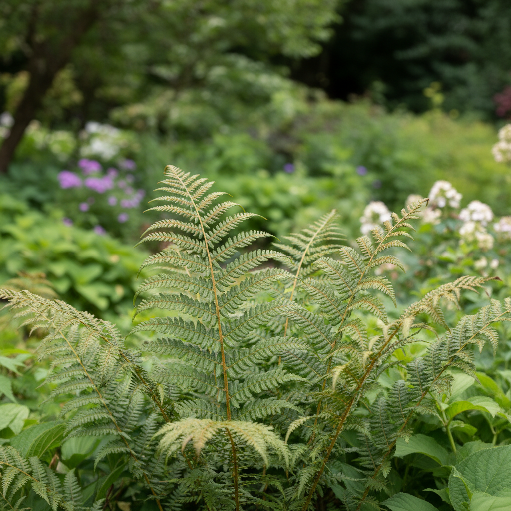 Golden Scaled Male Fern in garden setting