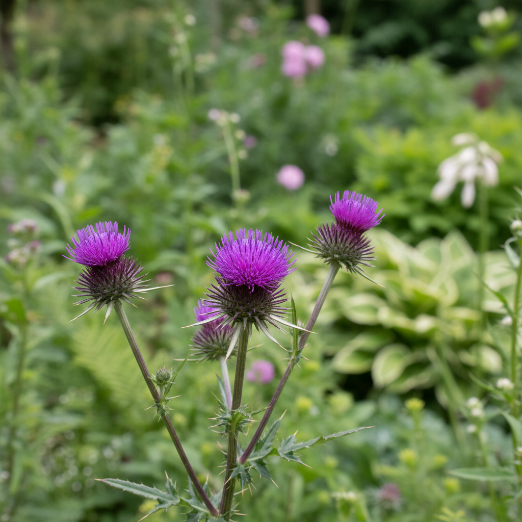 Purple Plume Thistle in garden setting