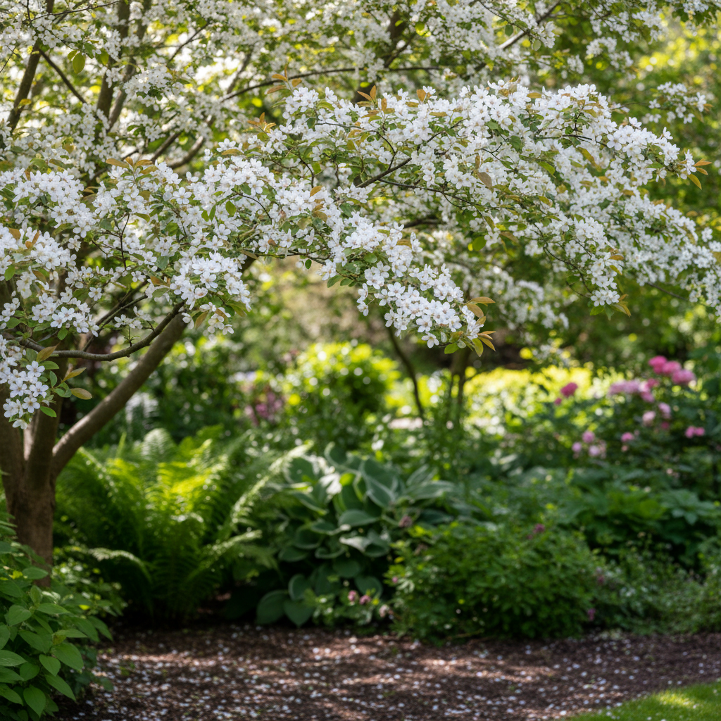 Snowy mespilus in garden setting